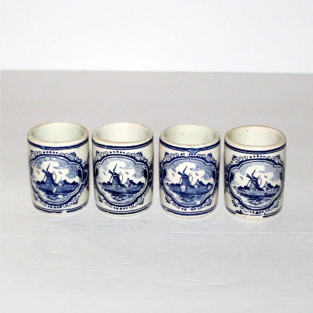 Vintage Vandermint Delft Ceramic Shot Glass Set of 4 Holland white blue
